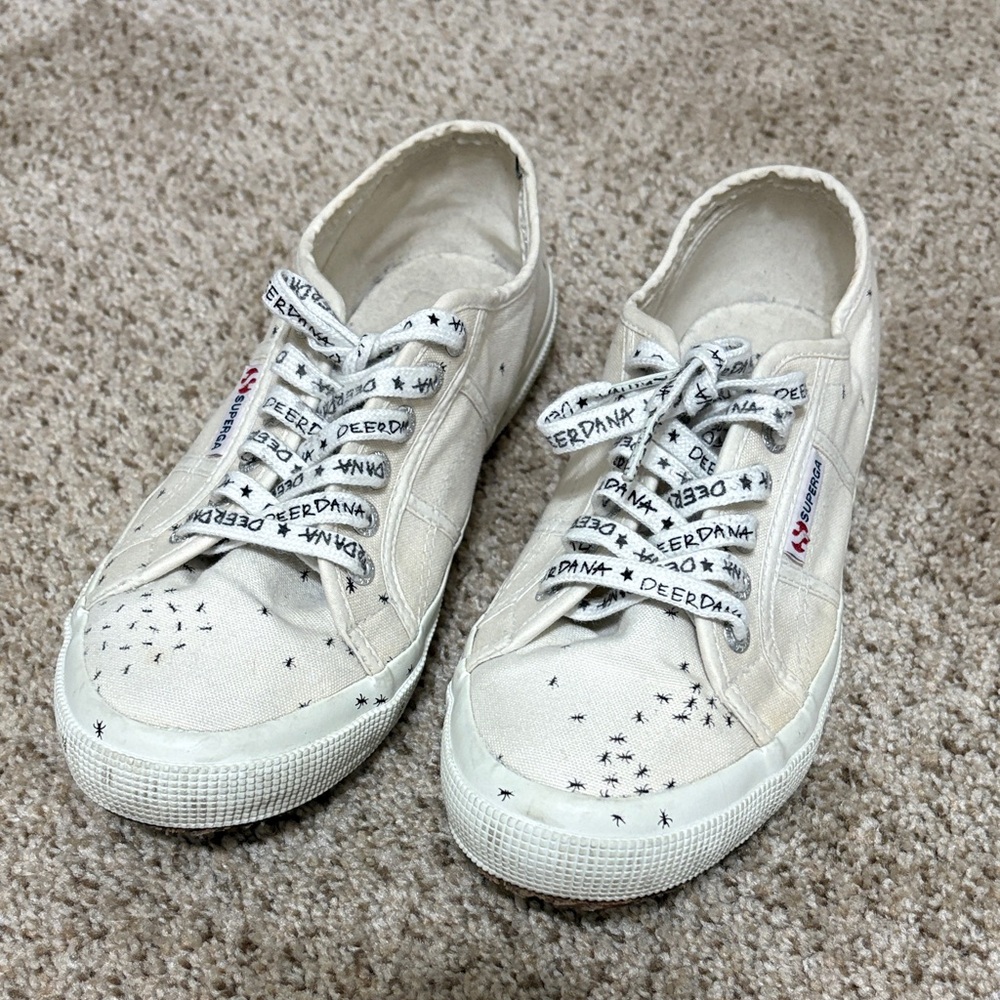 Superga Off-White Canvas Sneakers with Black Star Accents